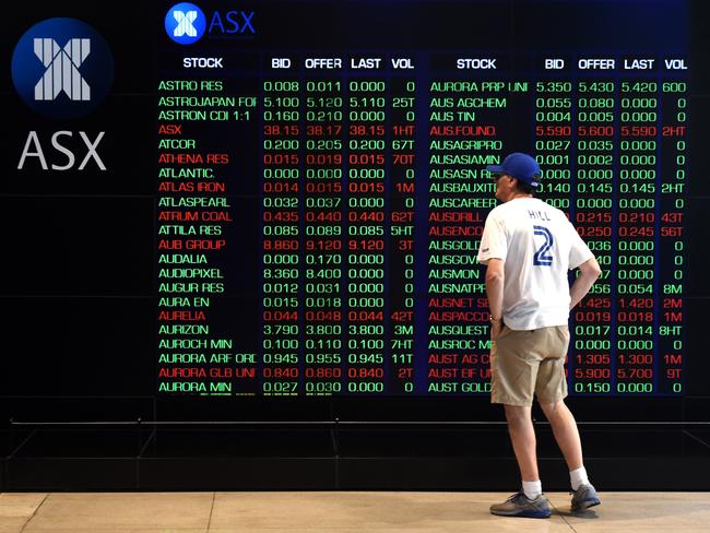 A man watches the shares prices listed at the Australian Stock Exchange in Sydney on Monday, Jan. 18, 2016. Australian share market has opened sharply lower with the benchmark S&P/ASX200 index was down 85.8 points, or 1.75 per cent, at 4,807.0, while the broader All Ordinaries index was down 86.8 points, or also 1.75 per cent, at 4,861.7. (AAP Image/Paul Miller) NO ARCHIVING