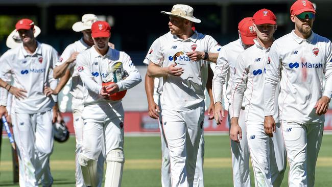 Redbacks players trudge from Adelaide Oval after losing their Sheffield Shield clash against Queensland last week. Picture: Mark Brake/Getty Images