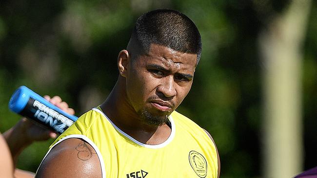 Payne Haas looks on during a Brisbane Broncos training session at Red Hill in Brisbane, Wednesday, May 2, 2018. (AAP Image/Dave Hunt) NO ARCHIVING