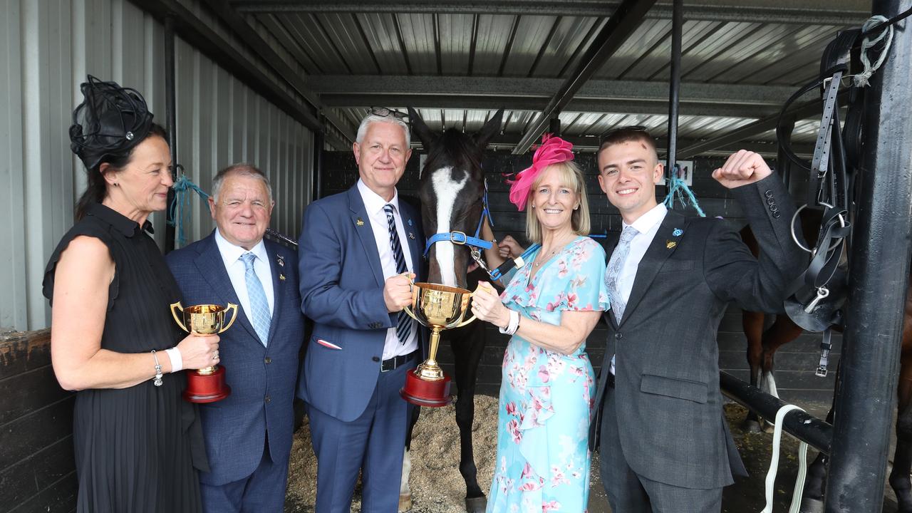 Trainers Claire and Brian Ellison with Onesmoothoperator and owners Patrick, Andrea and Kieron Boyle. Geelong Cup connections. Picture: Alan Barber