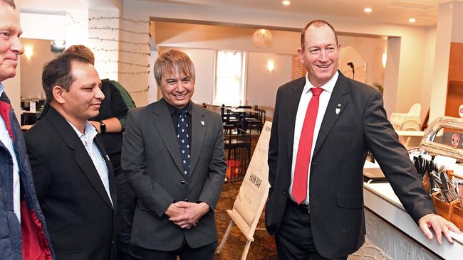 Fraser Anning introduces his candidates Peter Manuel Rajan Vaid and Adrian Cheok at the German Arms in Hahndorf. Picture: Tom Huntley