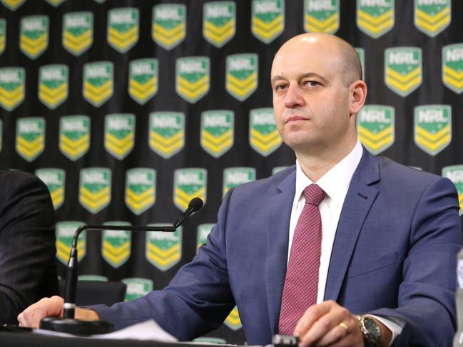 Eels salary cap scandal presser at NRL HQ. NRL CEO Todd Greenberg. Photo: Bob Barker.