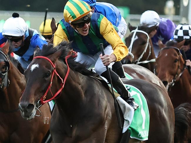 SYDNEY, AUSTRALIA - OCTOBER 05: Chad Schofield riding Ceolwulf  wins Race 9 TAB Epsom  during Sydney Racing at Royal Randwick Racecourse on October 05, 2024 in Sydney, Australia. (Photo by Jeremy Ng/Getty Images)