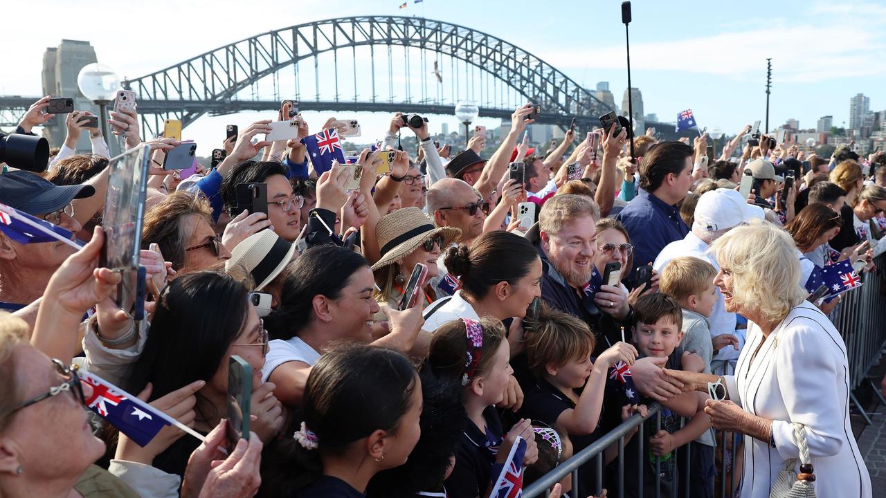 Queen Camilla greets spectators during a visit to the Sydney Opera House. Picture: Chris Jackson/Getty Images