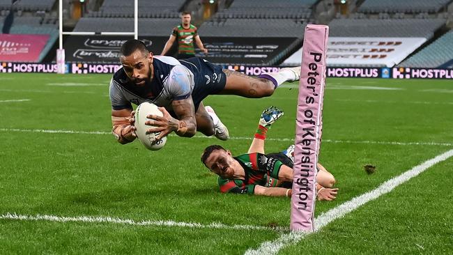 Josh Addo-Carr goes over for one of his six tries against South Sydney at Stadium Australia. Picture: Grant Trouville/NRL Photos