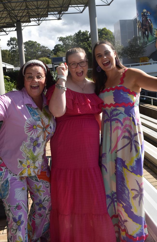 Robyn Silcox, Megan White and Danielle McMahon at the Sunshine Coast Races on April 7, 2024.