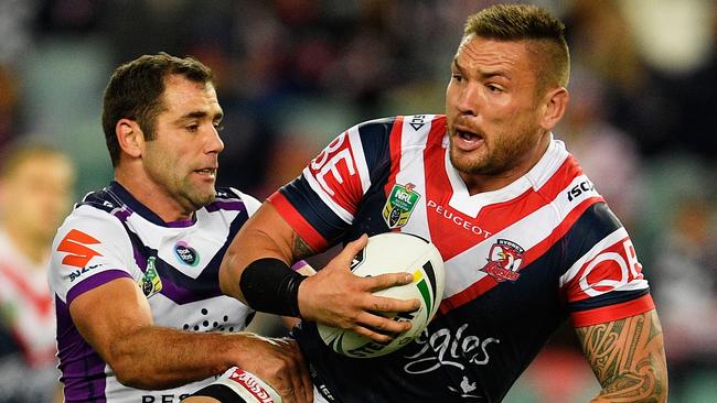 SYDNEY, AUSTRALIA - JUNE 11: Jared Waerea-Hargreaves of the Roosters makes a break during the round 14 NRL match between the Sydney Roosters and the Melbourne Storm at Allianz Stadium on June 11, 2016 in Sydney, Australia. (Photo by Brett Hemmings/Getty Images)