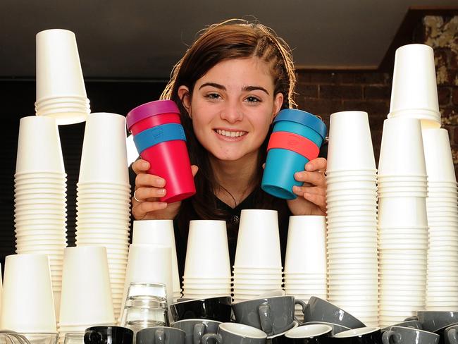 Alicia Woodham, a barista at Padre Cafe in South Melbourne Market, uses KeepCups.