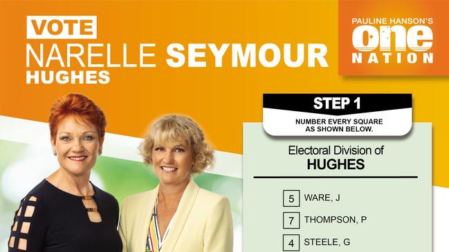 Narelle Seymour is running in the Hughes electorate for One Nation. The only photo of Narelle Seymour is on the how to vote card on the One Nation website.