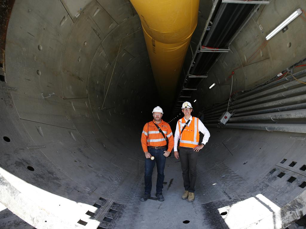 Bella Vista Project Manager, Tim Burns and North West Rail Link Project Director, Rodd Staples in the North West Rail Link tunnel at Bella Vista. The North West Rail Link is underway and TBM Elizabeth has cut through 1092metres of earth travelling East from Bella Vista. Picture: Bradley Hunter