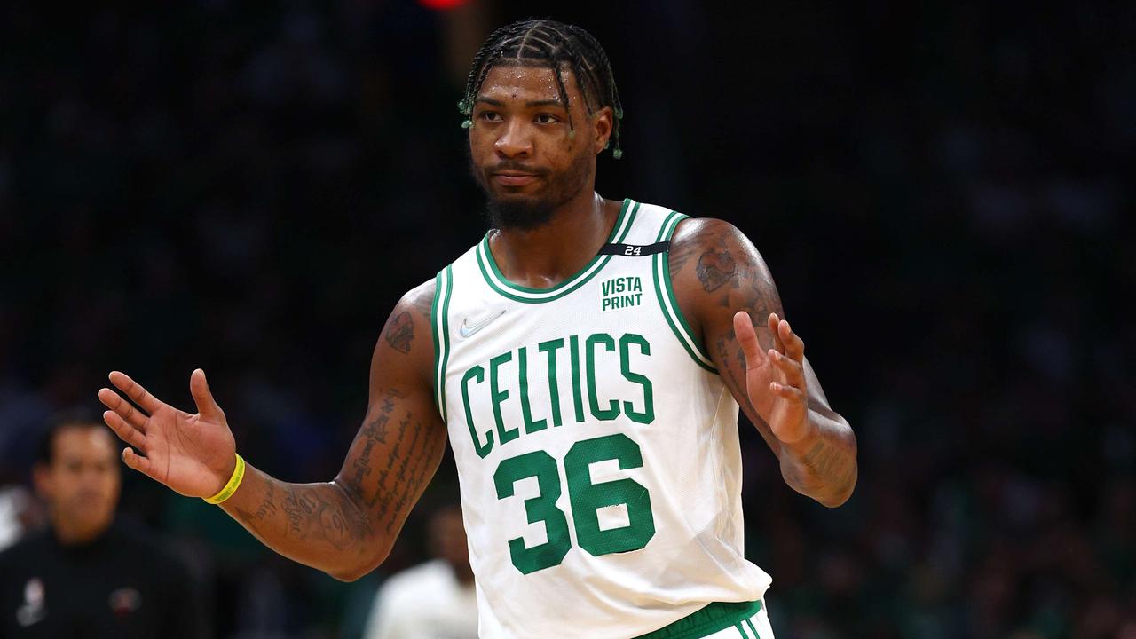 BOSTON, MASSACHUSETTS - MAY 21: Marcus Smart #36 of the Boston Celtics reacts in the first half against the Miami Heat in Game Three of the 2022 NBA Playoffs Eastern Conference Finals at TD Garden on May 21, 2022 in Boston, Massachusetts. NOTE TO USER: User expressly acknowledges and agrees that, by downloading and/or using this photograph, User is consenting to the terms and conditions of the Getty Images License Agreement. Elsa/Getty Images/AFP == FOR NEWSPAPERS, INTERNET, TELCOS &amp; TELEVISION USE ONLY ==