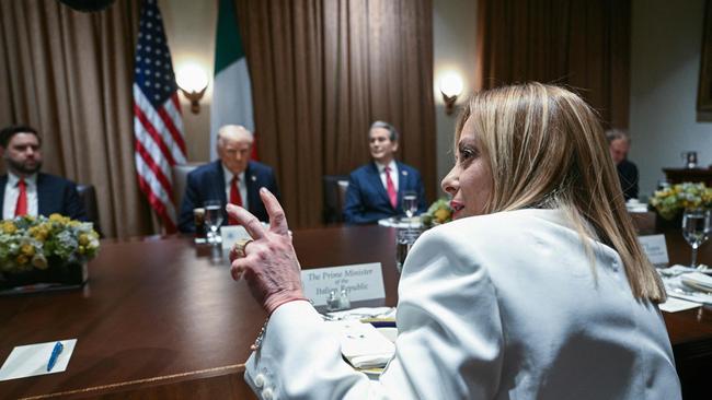 Mr Trump meets with Ms Meloni in the Cabinet Room of the White House before luncheon. Picture: AFP