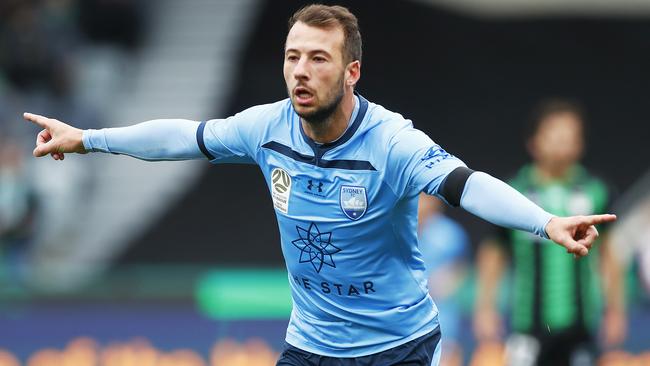 Adam Le Fondre of Sydney FC celebrates a goal during the match against Western United at GMHBA Stadium in Geelong on Sunday. Picture: AAP