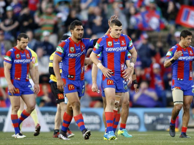 Dylan Phythian of the Knights is congratulated after scoring a try on debut during the Round 25 NRL match between the Newcastle Knights and the South Sydney Rabbitohs at Hunter Stadium, Newcastle, Sunday , August. 28, 2016. Picture: AAP