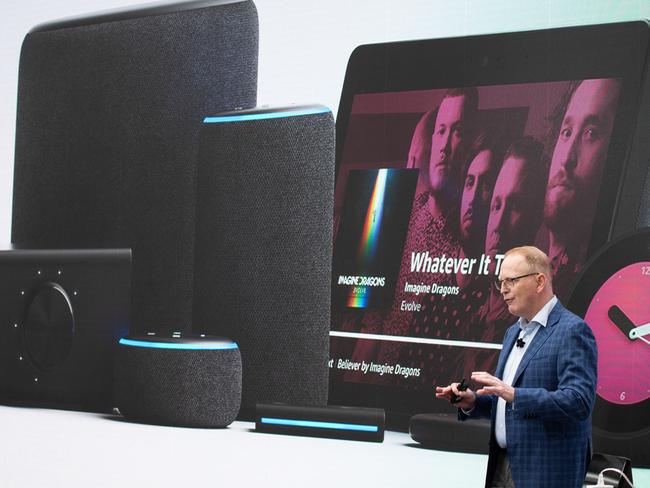 Dozens of Alexa assistant enabled devices and services have been unveiled in recent months. Srtificial intelligence can now control — and monitor — everything from a smart microwave to dash-mounted car gadgets. Picture: AFP