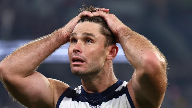 MELBOURNE, AUSTRALIA - MAY 04: Tom Hawkins of the Cats looks dejected after losing the round eight AFL match between Melbourne Demons and Geelong Cats at Melbourne Cricket Ground, on May 04, 2024, in Melbourne, Australia. (Photo by Quinn Rooney/Getty Images)