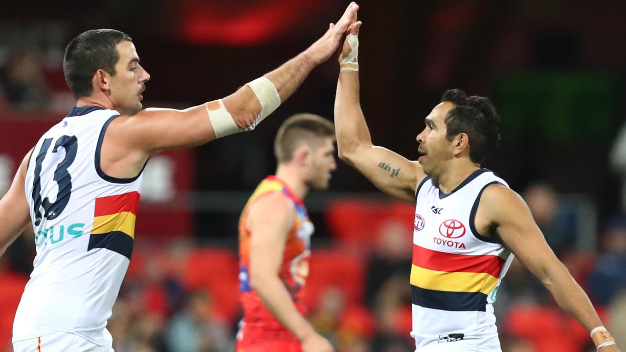 Taylor Walker of the Crows celebrates a goal with Eddie Betts. Picture: Getty Images