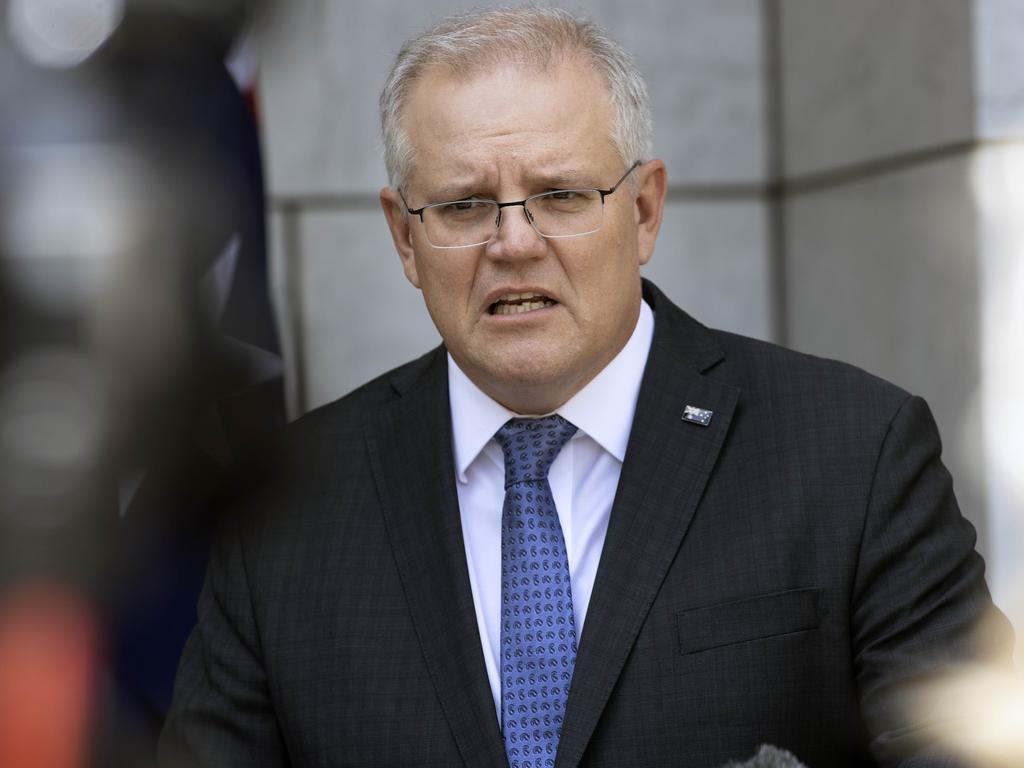 Prime Minister Scott Morrison during today’s press conference at Parliament House. Picture: NCA NewsWire / Gary Ramage