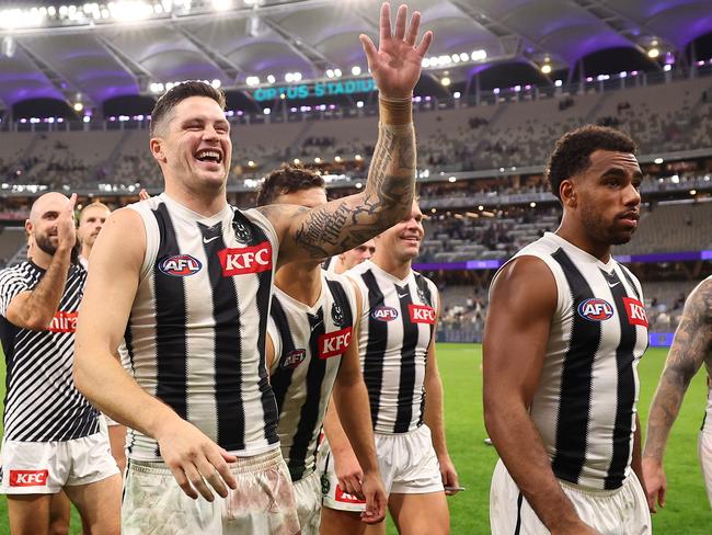 Jack Crisp and his Collingwood teammates celebrate their win over Fremantle. Picture: Getty Images