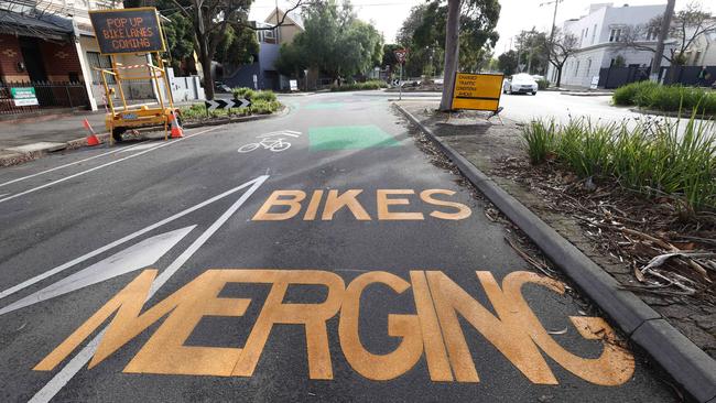 Bike lanes at Bridge and Evans streets Port Melbourne. Picture: David Caird