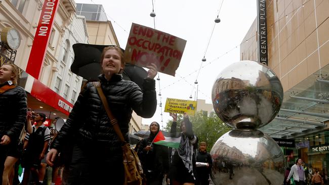 School students marching for Gaza through Rundle Mall. Picture: Kelly Barnes