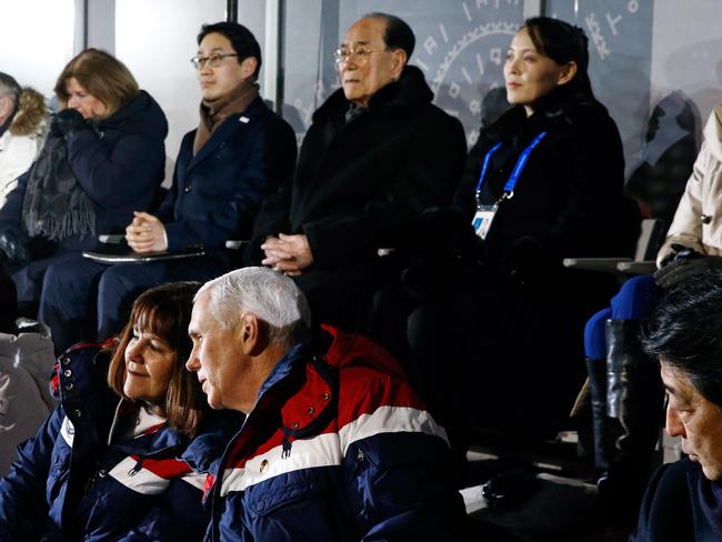 Japan's Prime Minister Shinzo Abe (front R) sits beside US Vice President Mike Pence (front 2nd R) and Pence's wife Karen with North Korea's Kim Jong-un’s sister Kim Yo-Jong (back R). Picture: AFP