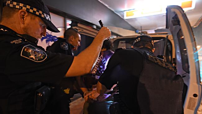 Ridealong with Townsville RAP members Sergeant John McHugh and Constable Robert Boye. 11:40pm Police called to brawl at the Hotel Allen with people arrested and taken to the Townsville watchhouse. Picture: Zak Simmonds