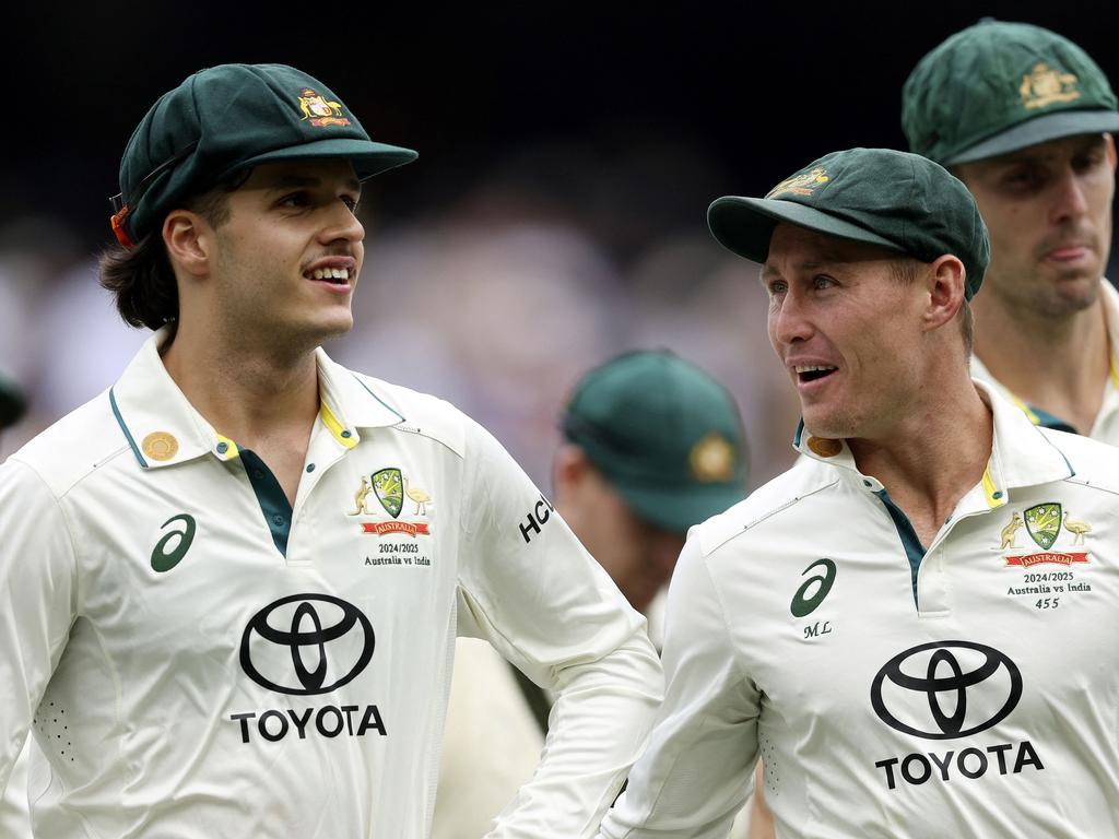 Sam Konstas (left) and Marnus Labuschagne have a chat during Australia’s Test series against India. Picture: Martin KEEP / AFP