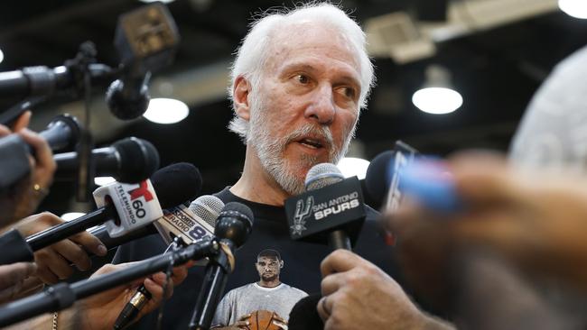 San Antonio Spurs coach Gregg Popovich addresses the media.