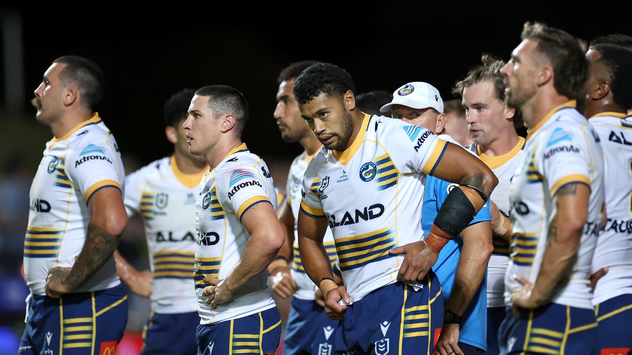 Mitchell Moses and Waqa Blake of the Eels look on during their third loss of the 2023 season. Photo by Cameron Spencer/Getty Images.