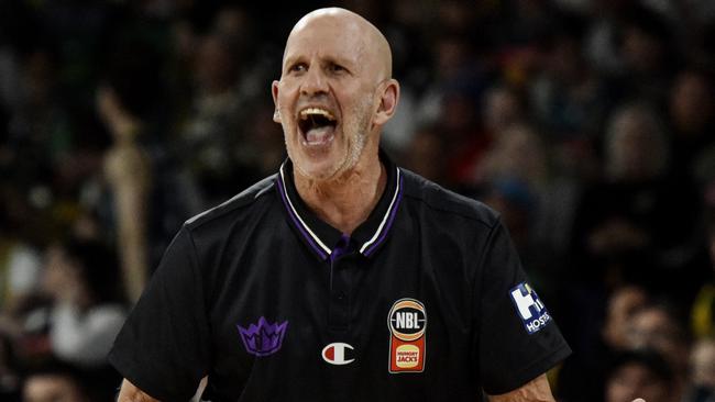 LAUNCESTON, AUSTRALIA - OCTOBER 18: Brian Goorjian, Head Coach of the Kings reacts during the round five NBL match between Tasmania Jackjumpers and Sydney Kings at Silverdome, on October 18, 2024, in Launceston, Australia. (Photo by Simon Sturzaker/Getty Images)