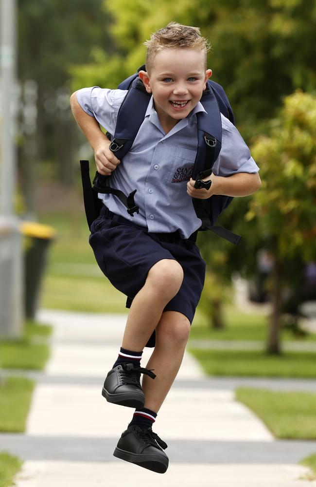 Logan Hudson, 6, from Box Hill who is starting year 1, is one of thousands of NSW students to be given a rapid antigen test twice a week. Picture: Jonathan Ng