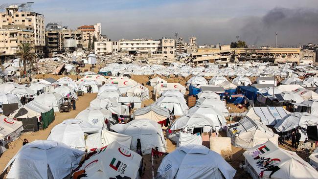 A camp of tents sheltering Palestinians displaced from Gaza City in an empty plot of land in the city centre. Picture: AFP.