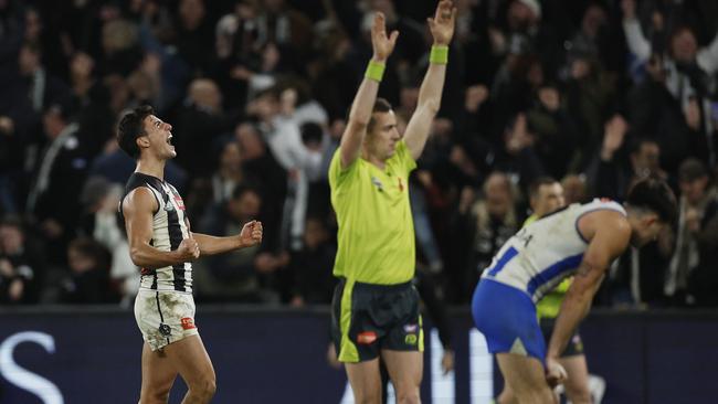 MELBOURNE, AUSTRALIAÃ June 16, 2024.  AFL Round 14. North Melbourne vs Collingwood at Marvel Stadium.   Nick Daicos of the Magpies celebrates as the final siren sounds and the Magpies win by 1 point      . Pic: Michael Klein