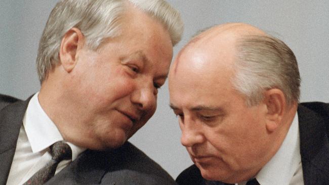 Then Russian president Boris Yeltsin talks to Gorbachev during a session of the People's Congress in Moscow in 1991.