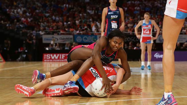 The Vixens’ Mwai Kumwenda gets physical against the NSW Swifts yesterday. Picture: Brett Costello