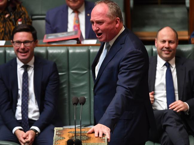 CANBERRA, AUSTRALIA - JUNE 23: Minister for Agriculture David Littleproud (left) Deputy Prime Minister Barnaby Joyce (centre) and Treasurer Josh Frydenberg (right) during Question Time in the House of Representatives at Parliament House on June 23, 2021 in Canberra, Australia. Barnaby Joyce has deposed former Nationals leader Michael McCormack during a spill called on Monday by Senator Matt Canavan, with Joyce re-elected as leader of The Nationals in a leadership contest with at least 12 votes in the 21-member partyroom. (Photo by Sam Mooy/Getty Images)