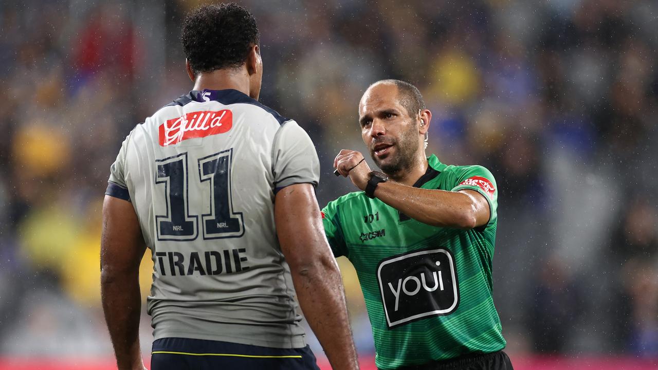 Referee Ashley Klein put Felise Kaufusi on report but didn’t send him to the sin bin. Picture: Cameron Spencer/Getty Images