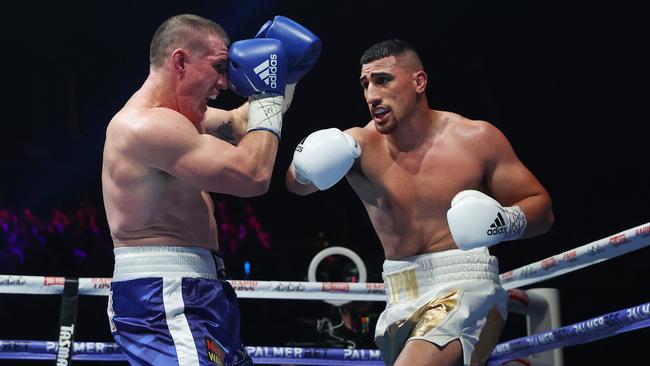 Pictured are boxers Paul Gallen and Justis Huni in their bout for the Australian Heavyweight Title held at the ICC in Sydney. Picture: Richard Dobson