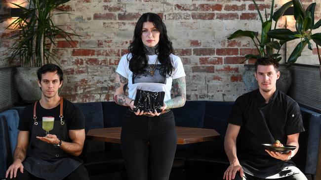 Galah Bar Manager Renato Tonelli, Nancymai hairdresser Jess Stacy, Chez chef Olivier Sylvain Bernard ready for the Chapel Champion Awards. Picture: Penny Stephens.