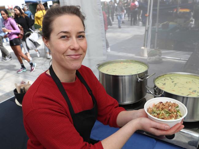 Bridget Francis sells her curry pastes at the University of Melbourne farmers market. Picture: David Crosling.