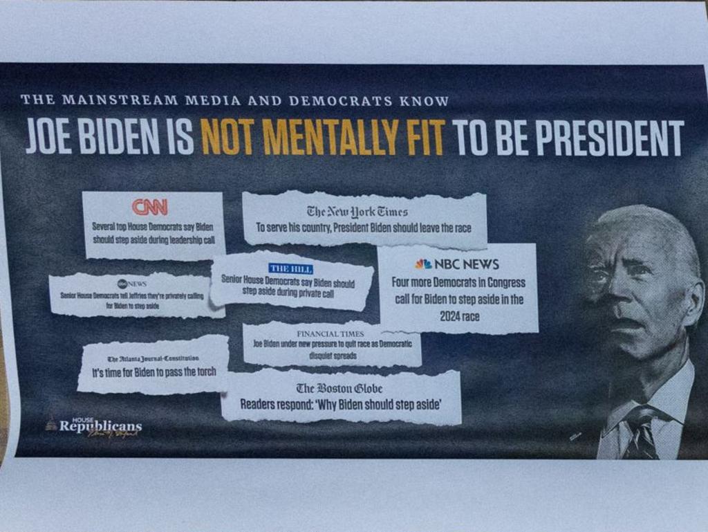 Printouts reading "Joe Biden Is Not Mentally Fit To Be President" are placed on chairs during a House Republican leadership press conference at the US Capitol. Picture: Getty Images