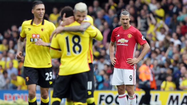 Manchester United's Zlatan Ibrahimovic looks dejected after Watford's third goal.