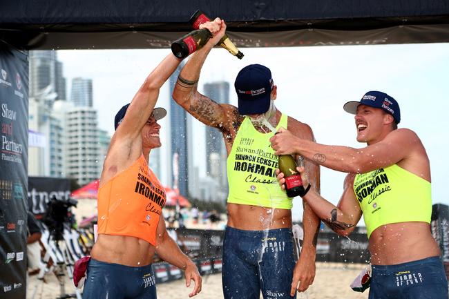 Matt Poole (rimiddle) won the open men's ironman race at the Summer of Surf Shannon Eckstein Classic at BMD Northcliffe. Matt Bevilacqua (left) finished second while Ben Carberry finished third. Picture credit: Shane Myers 2022.