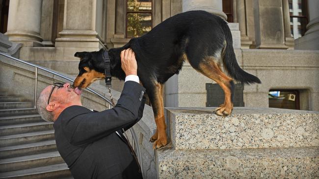 Leon Bignell and his Australian kelpie Dusty out the front of Parliament House on North Terrace. Picture: Tom Huntley