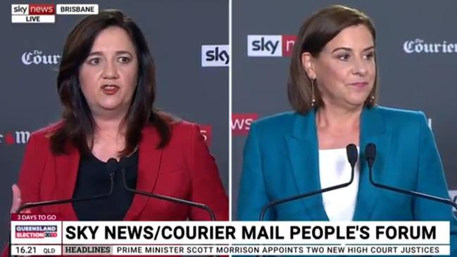 Annastacia Palaszczuk (left) and opposition Leader Deb Frecklington at the Broncos Leagues club in Brisbane, ahead of the October 31 state election. Picture: Sky News via NCA NewsWire