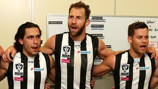 Travis Cloke celebrates a Collingwood VFL win. Picture: Mark Stewart