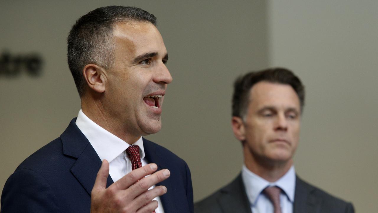 Premier Peter Malinauskas and NSW Premier Chris Minns at a press conference at the Social Media Summit at ICC Darling Harbour Sydney. Picture: NewsWire / John Appleyard