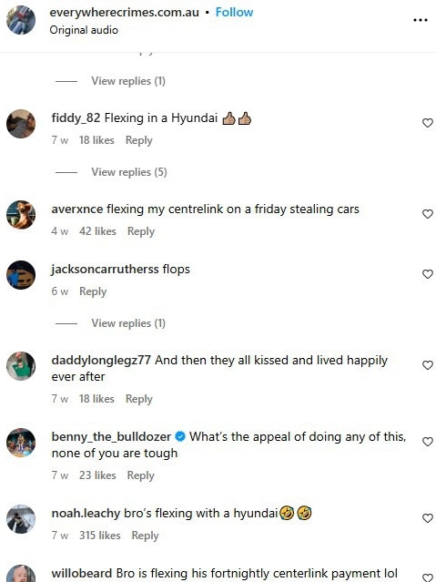 Some of the amusing comments on a new Instagram stolen car account. Picture: Supplied