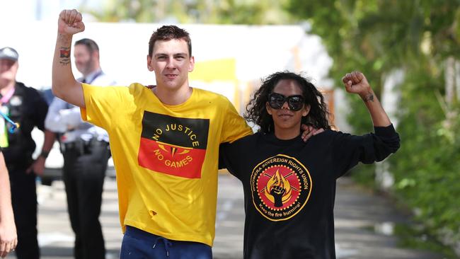 Commonwealth Games 2018.Aboriginal protest at Main Beach.Dylan Voller and Ruby Wharton.Picture: NIGEL HALLETT